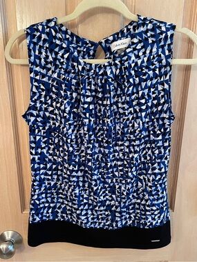 Calvin Klein Blue, Black & White Geometric Sleeveless Blouse